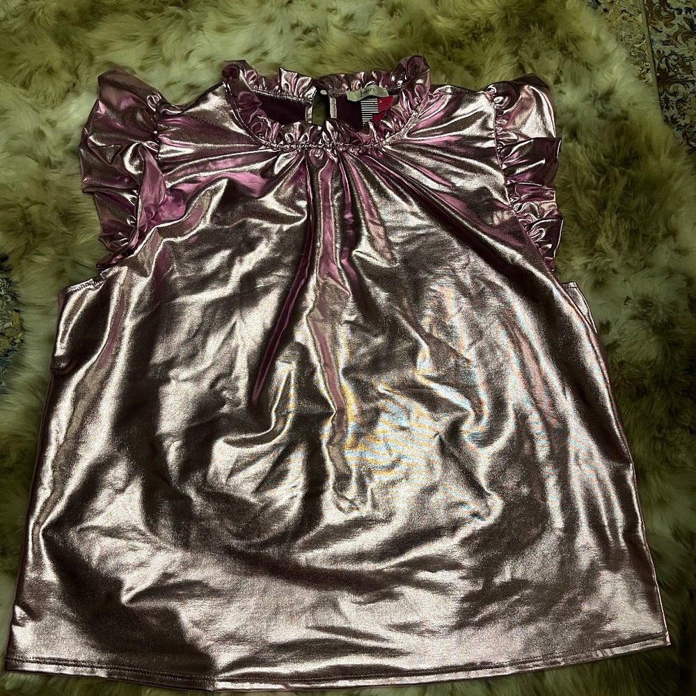 NWT Pink Metallic Ruffled Sleeve Top